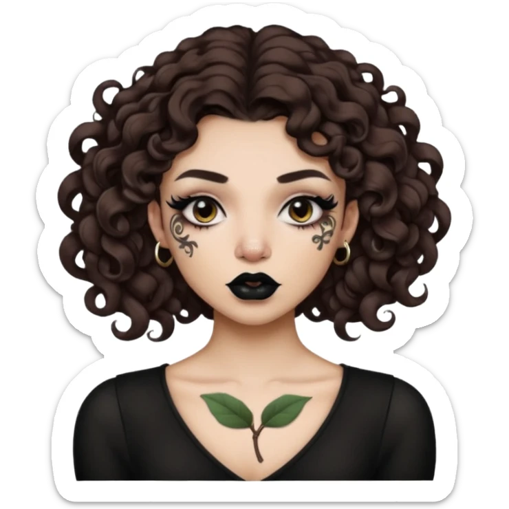 Alternative girl with curly dark brown hair and a magnolia throat tattoo sticker