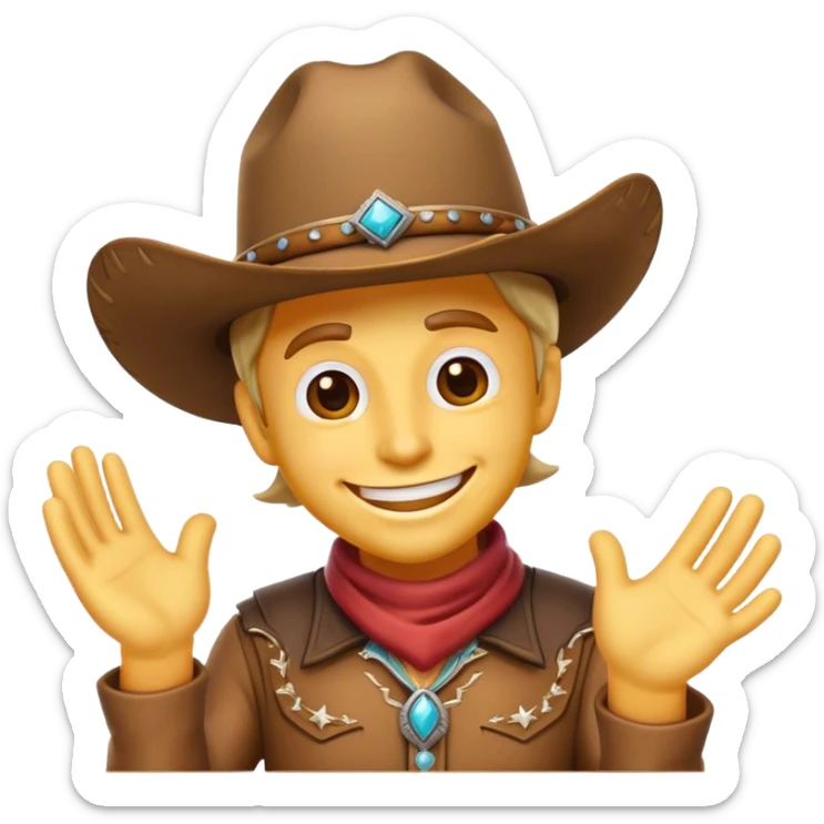 Clash of Clans aesthetic Playful Cowboy Portrait Emoji, Head tilted with a roguish, cheeky grin and twinkling eyes, featuring a compact, charming build with a jaunty hat and a friendly bandana, his natural skin tone adding authenticity, Simplified yet irresistibly charming features, highly detailed, glowing with a warm, inviting western glow, high shine, spirited and lively, stylized with an air of whimsical frontier mischief, soft glowing outline, capturing the essence of a playful cowboy exuding friendly rogue charm! sticker