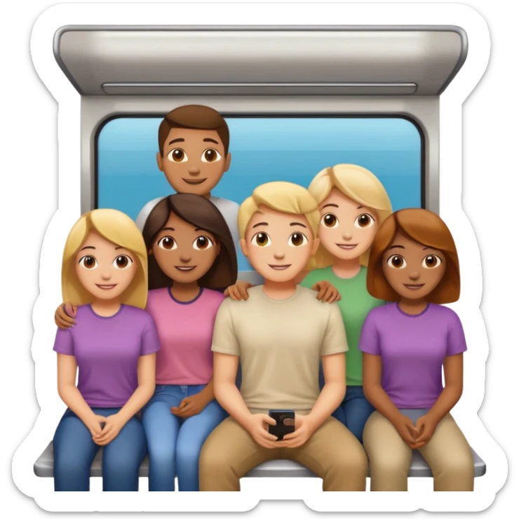 five people, diverse genders, smiling and sitting together in a subway car inspired by Apple emoji subway, colorful exterior, all wearing light-colored t-shirts, Apple emoji style sticker