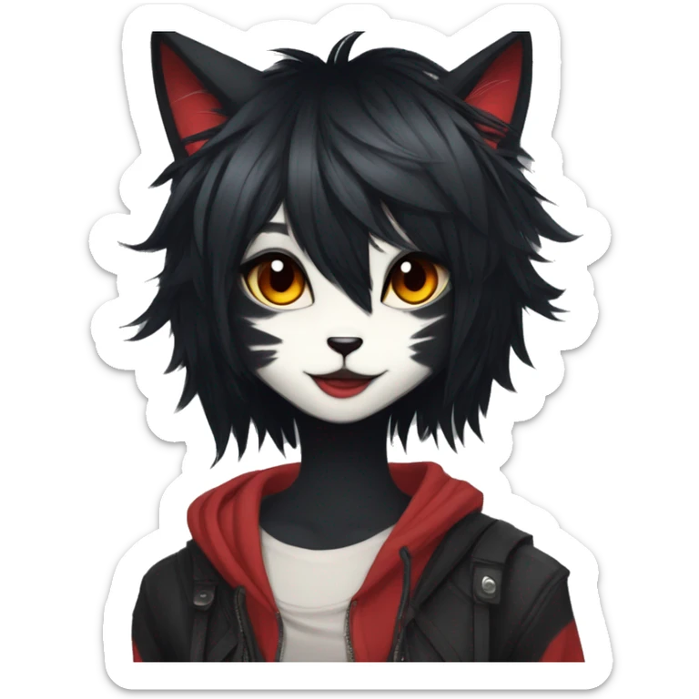 Anthro Edgy Cool Beautiful Black Cat-Fursona with Emo Hair-bangs with Red Streaks sticker