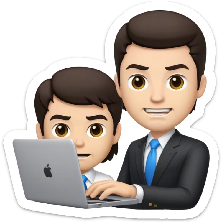 memoji of a white male realtor with a laptop in front, modern, dark hair, angry smile sticker