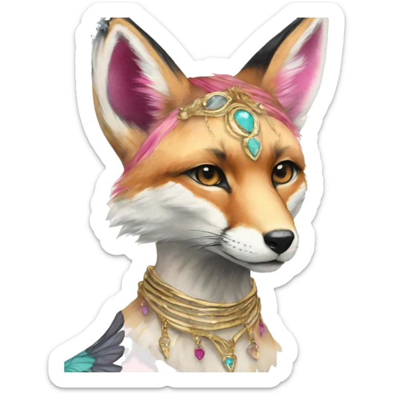 Beige cyan Pink magenta burgundy maroon cyan beige gray fox black stripes wearing gold jewellery gold piercings gold ear piercing gilded vintage watercolour tie dye black raven wings sticker