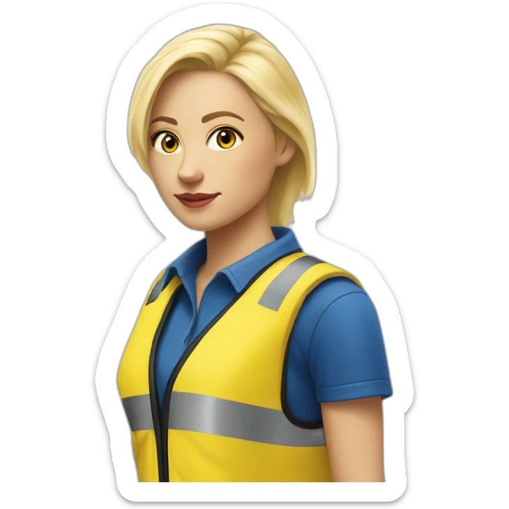 Ikea coworker blond woman blue stripes t-shirt and yellow security vest sticker