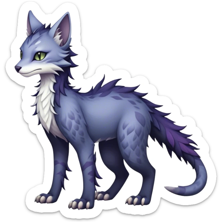 Kawaii dark edgy gloomy dusky dull-colored fantasy ethereal feline-vernid-sergal-fursona animal creature with a tufted tail full body with intricate markings  sticker