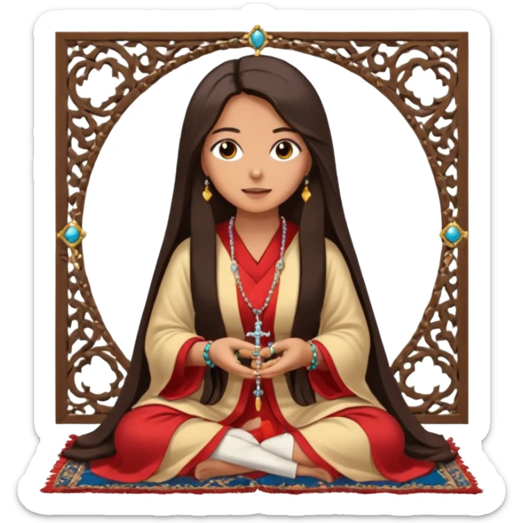 An woman sits on a Persian rug with a rosary, a large ring, a long hair, but she is beautiful and modern, wearing a robe, and looks at the camera with amazement. sticker