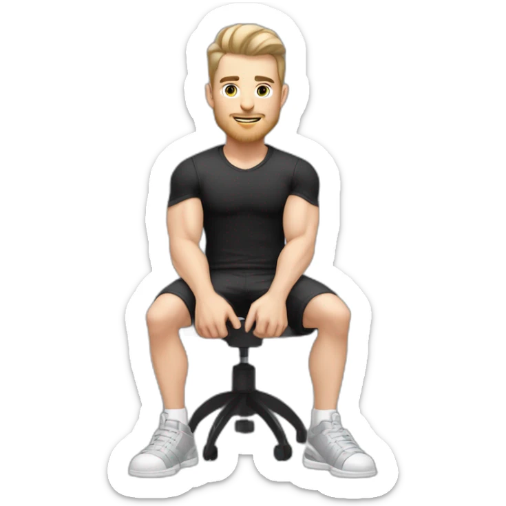 Pale skinned Fit Man With the biceps and dark brown hair in black shirt, gray sports shorts and white Sneakers Sitting on a chair sticker