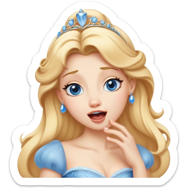 Cinematic Realistic Yawning Cinderella Portrait, showcasing lifelike porcelain skin and intricately detailed golden-blonde hair styled flawlessly as she mid-yawn reveals a moment of tender vulnerability. Her half-closed blue eyes and relaxed expression are rendered with natural, soft lighting that emphasizes the subtle textures of her face and the detailed, flowing fabric of her iconic gown. The scene glows with a cozy, authentic warmth that captures a rare, intimate moment of repose. sticker