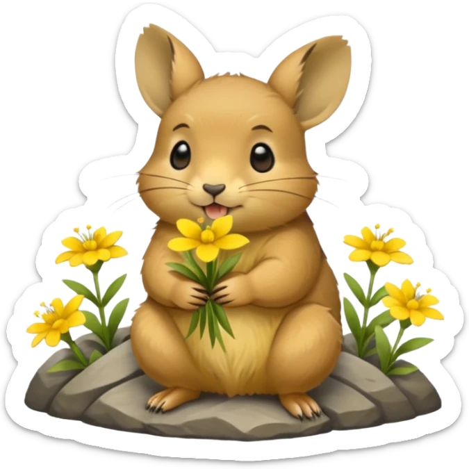 small round mountain pika on all fours, holding flowers in its mouth sticker