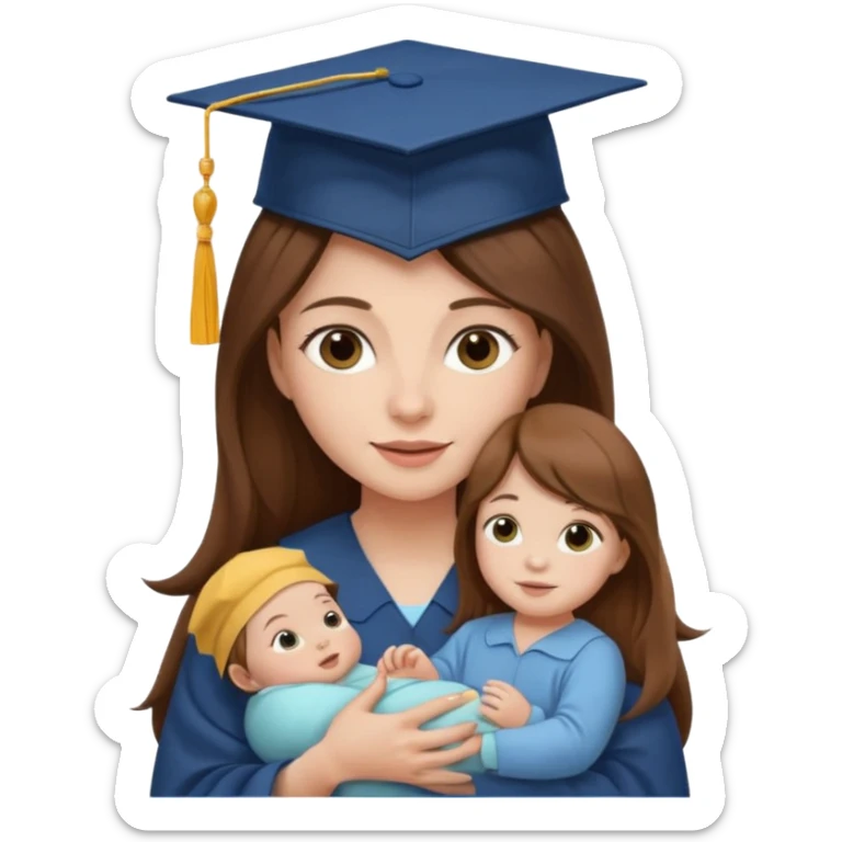 "Woman with long brown hair and fair skin wearing a graduation cap, holding a baby who has a hat and fair skin." sticker