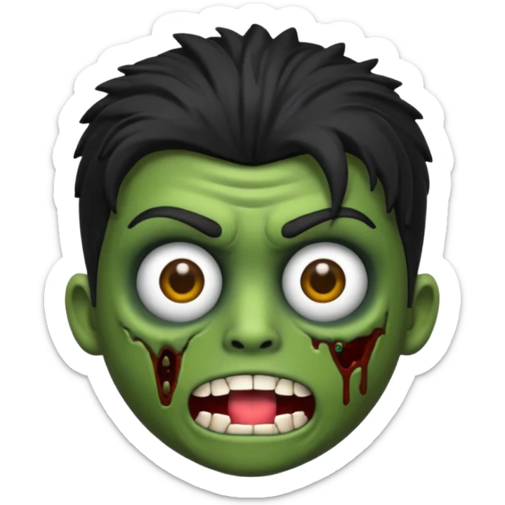 Quero um emoji de zumbi masculino, com cabelo preto, estilo desenho 3D como emoji, na mesma pose com as mãos levantadas para frente, expressão de zumbi com boca aberta e olhos meio caídos, pele verde acinzentada e roupa rasgada sticker