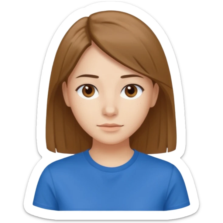 young brawn-eyed woman with straight hair with a blue t-shirt with  sticker