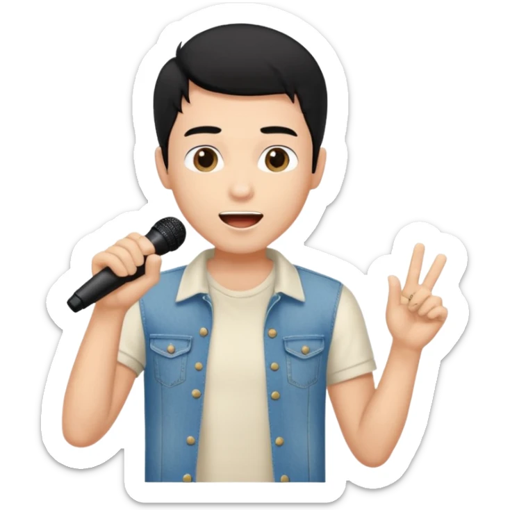 Handsome young man with black hair singing karaoke wearing an ivory t-shirt and denim shorts. sticker
