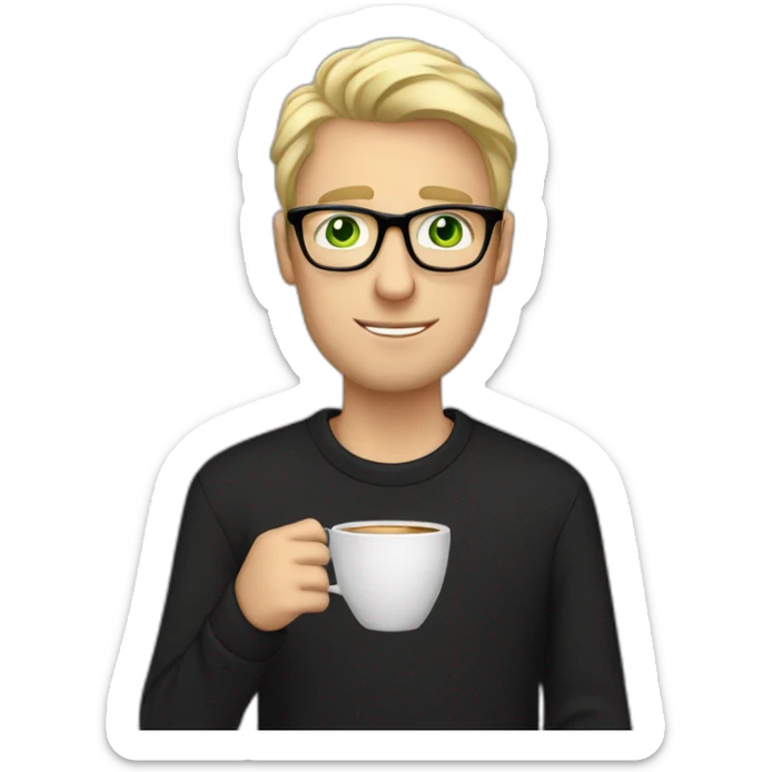 Blonde man green eyes in black jumper with clear glasses holding a white coffee cup sticker