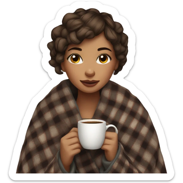 beautiful girl short hair wrapped in cozy plaid blanket with coffee sticker