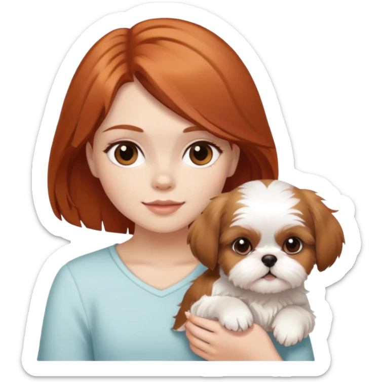 a red-haired girl with brown eyes holding a white and caramel-colored shih tzu puppy sticker