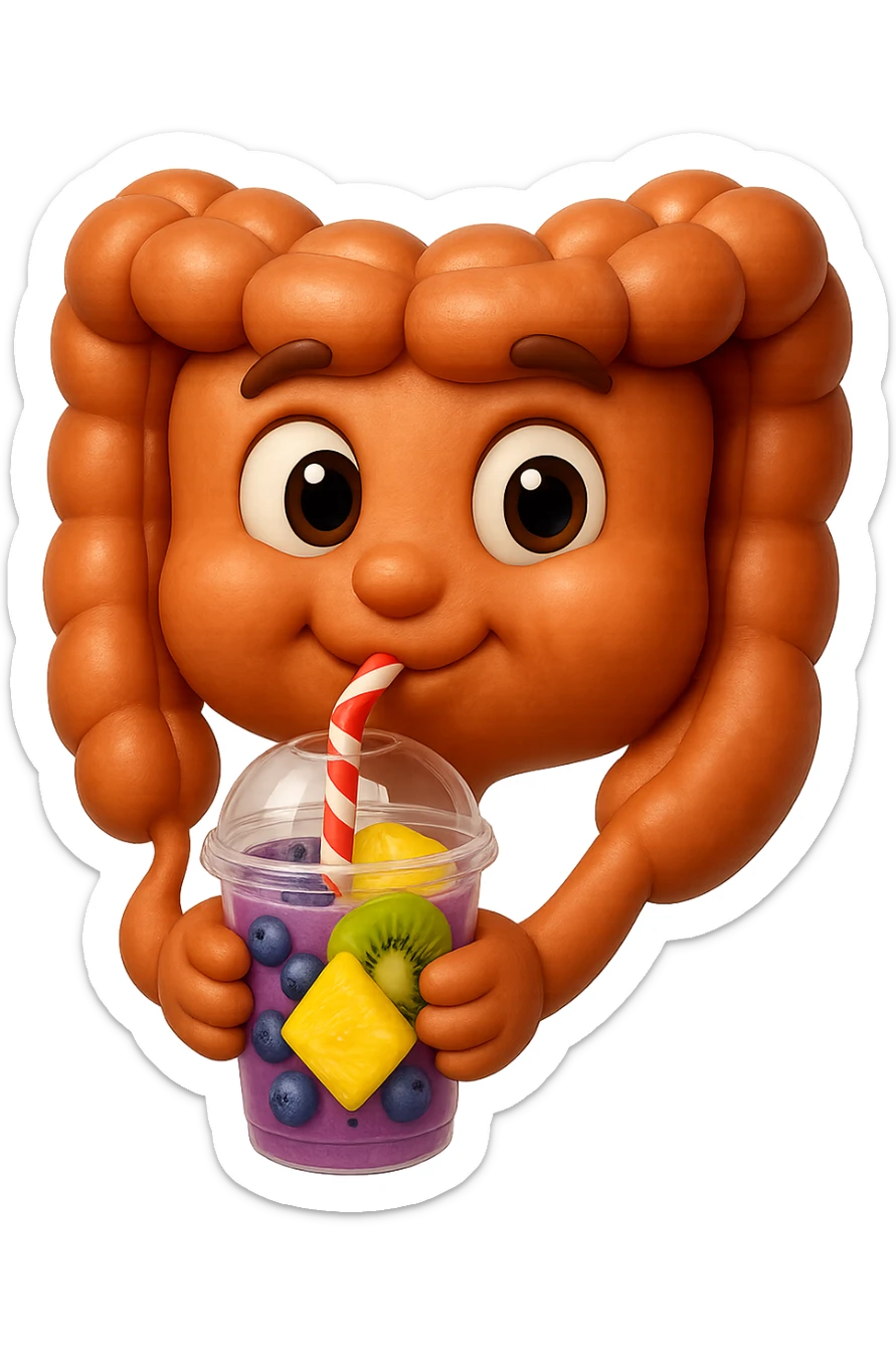 EMOJI STILE IPHONE DI un intestino umano anatomico che beve un frullato di mirtilli, ananas, kiwi, fagli anche la parte bianca degli occhi, non solo le pupille, REALISTICo 4K sticker