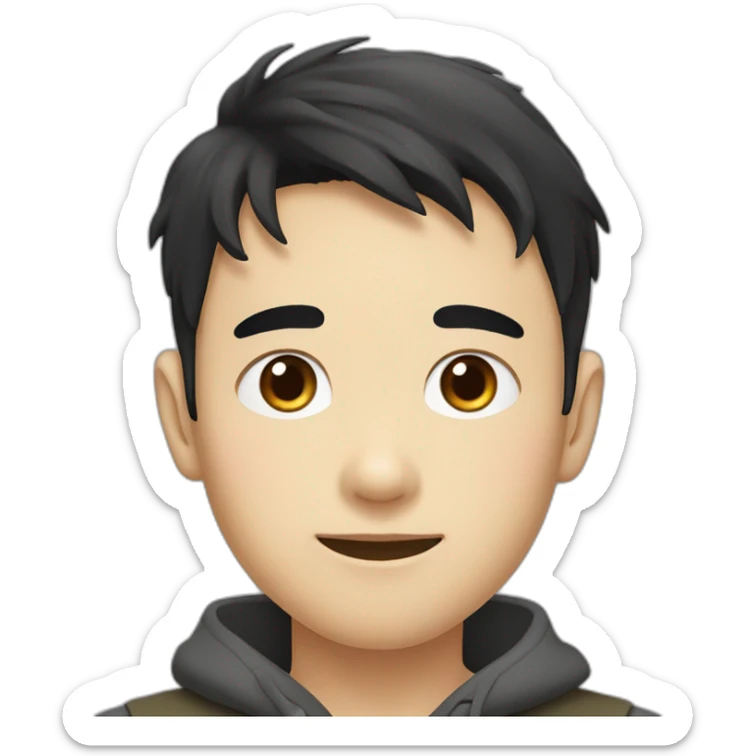 Taiwaness  boy with a black hair and eyes like cat and a mole beside eyebrow sticker