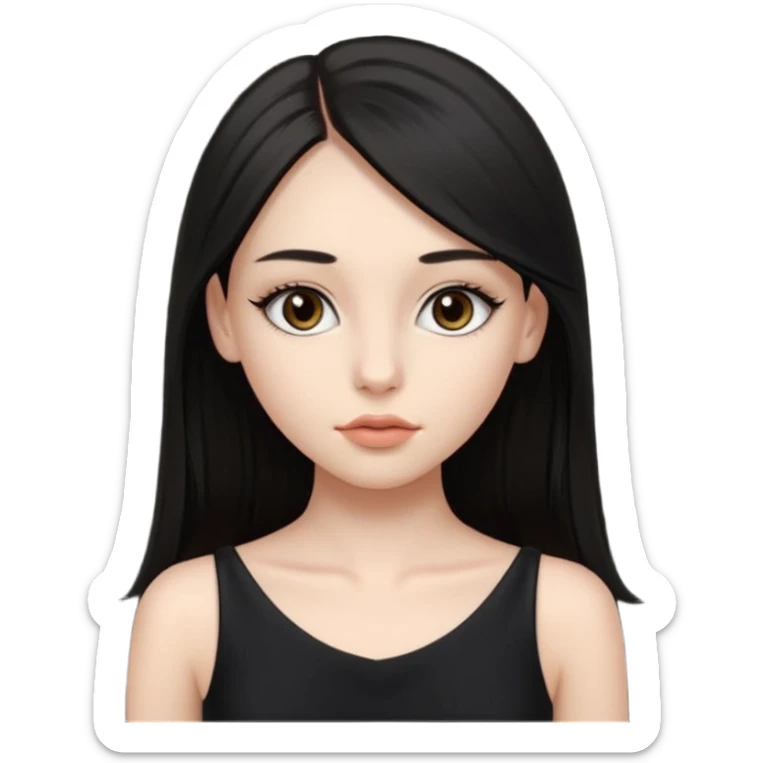 Cabelos pretos longos lisos ,olhos castanhos escuros puxadinho para cima com cílios grandes Pele clara ,nariz pequeno ,lábios mais carnudos ,adolescente 16 anos , com vestido de alinhamento sticker