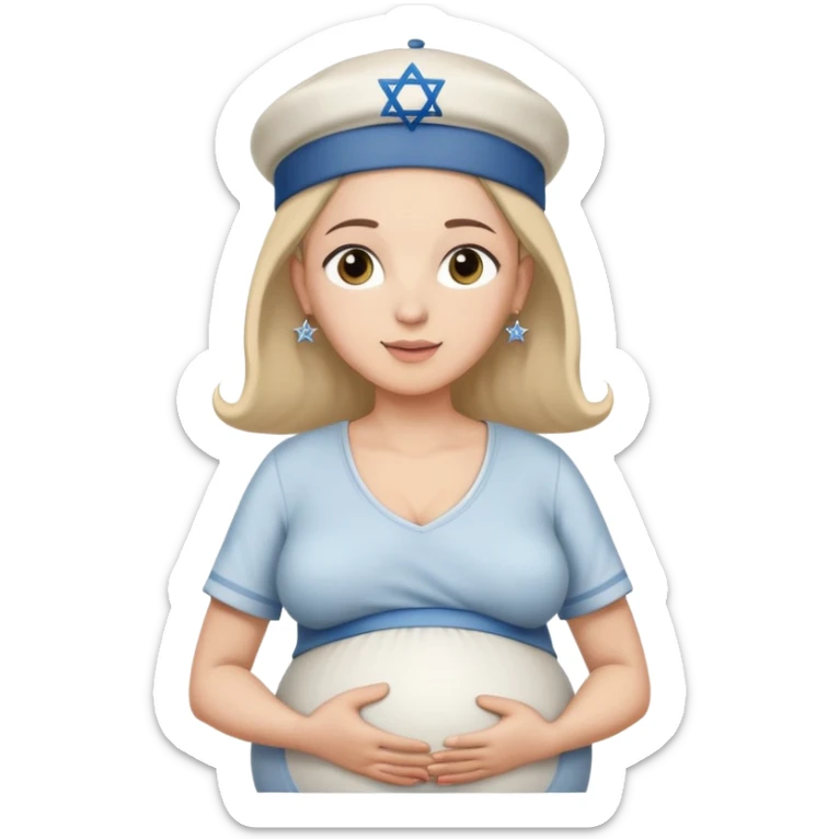 Pregnant Jewish person facing left with hands on belly, wearing a kippah and Star of David necklace sticker