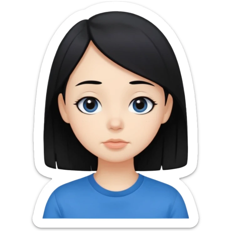 Cute cartoon-style girl portrait, black hair, blue t-shirt, big black eyes, closed mouth,clean bold lines, flat colors, minimal shading sticker