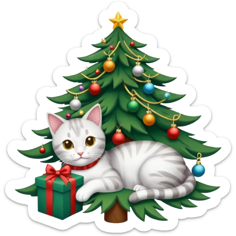 grau weiße Katze im geschmückten Weihnachtsbaum mit Lametta um sich rum und unten liegen ein paar Weihnachtskugeln sticker