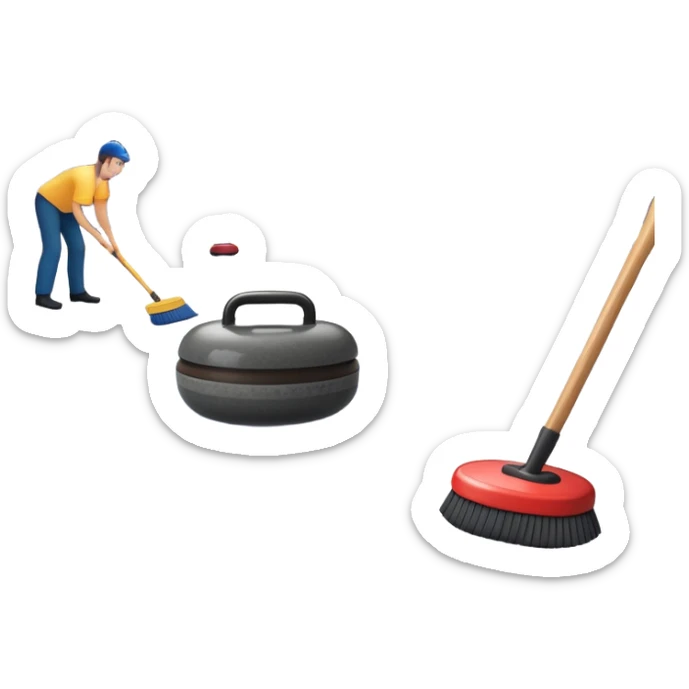 An icon showing a close-up of a curling stone sliding across the ice with a broom beside it. The scene is set in a brightly lit stadium, with detailed spectator stands in the background. Transparent background highlights the focus, skill, and atmosphere of the curling sport. sticker