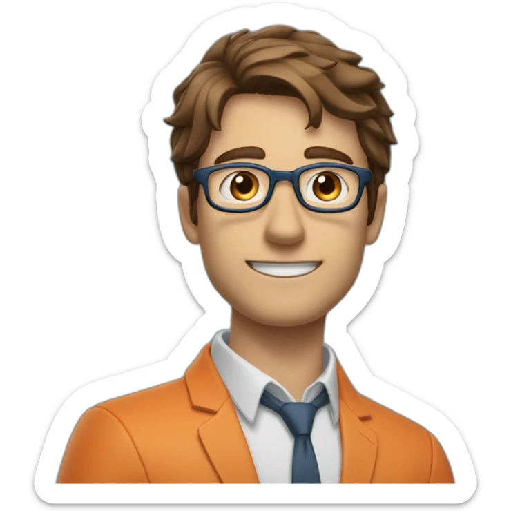 a guy with brown hair, square glasses, in an orange repairman's suit, blue eyes, stretches out his hand to the left sticker