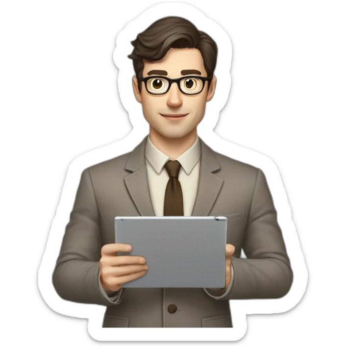 Pale skinned fit man with dark brown hair in gray jacket, beige office shirt, brown tie, brown pants and vintage glasses Writing on the tablet sticker