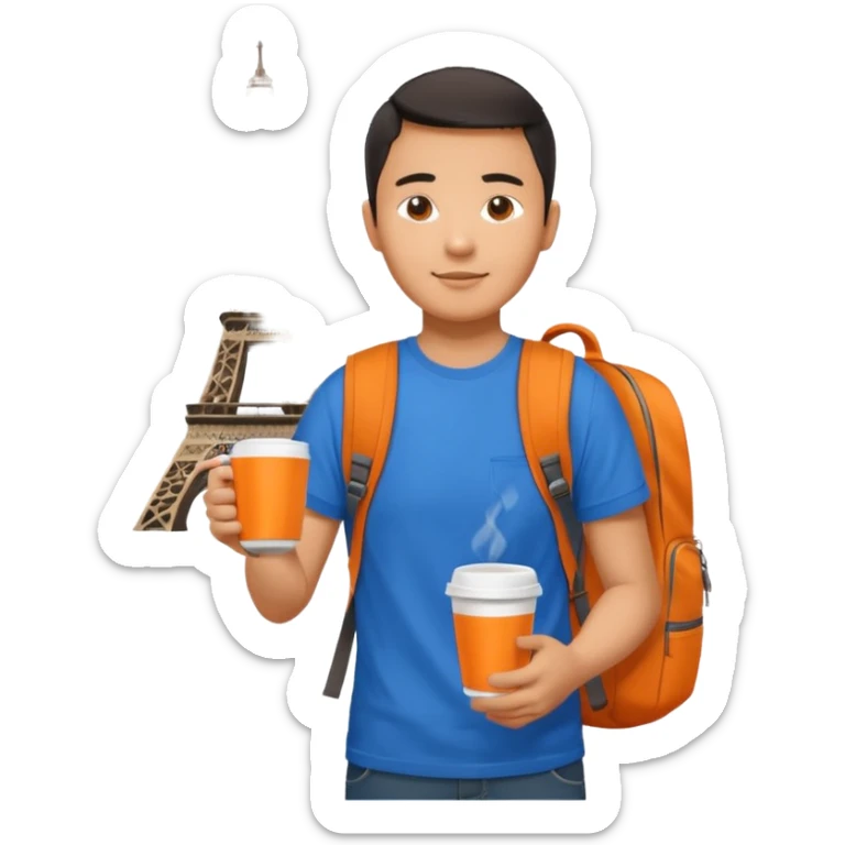 an asian man in blue t-shirt with orange cup of coffee and backpack on the back. Eiffel tower on the background. shoulder length picture sticker