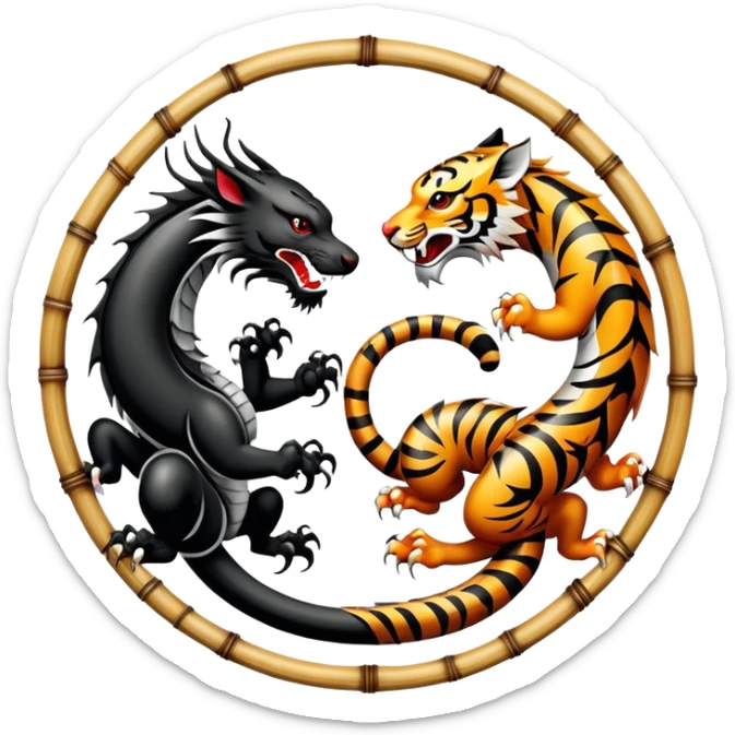 An icon symbolizing Eastern martial arts in the style of an emblem, featuring a black-and-white Yin-Yang symbol, a dragon, and a tiger. The dragon and tiger represent strength and agility, surrounding the symbol. Traditional elements like bamboo add to the design. Transparent background. sticker