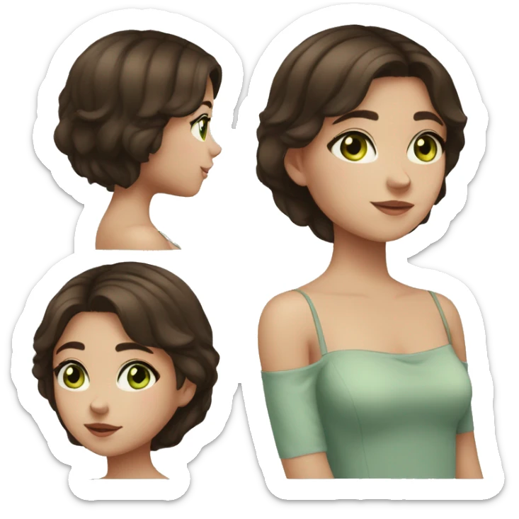 young girl girl with brown hair in a side part, wearing off shoulder top, light coloured skin, greenish blue eyes, dark brown hair, hair covering eye sticker