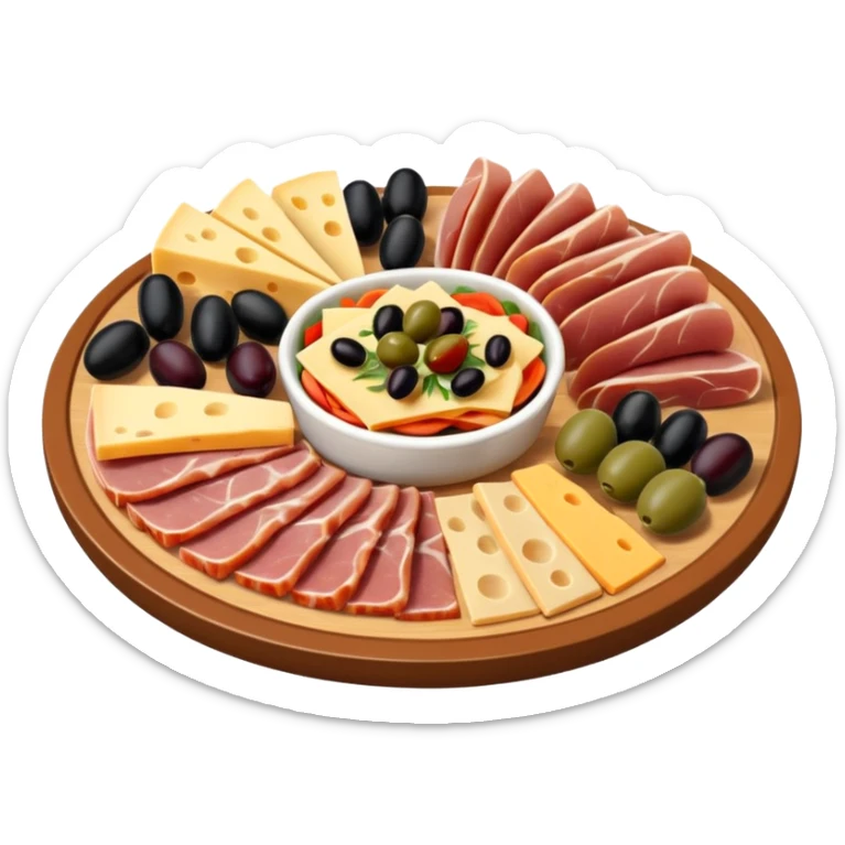 A 3D cartoon platter of assorted deli items like sliced meats, cheese, and olives, colorful and appetizing, Memoji-style. sticker