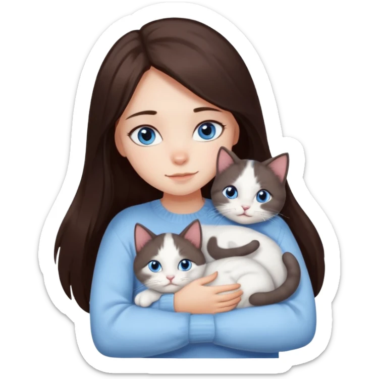 a girl with long dark 
brown hair, with blue eyes, in a
white sweater, hugs 3 different natural coloured cats sticker