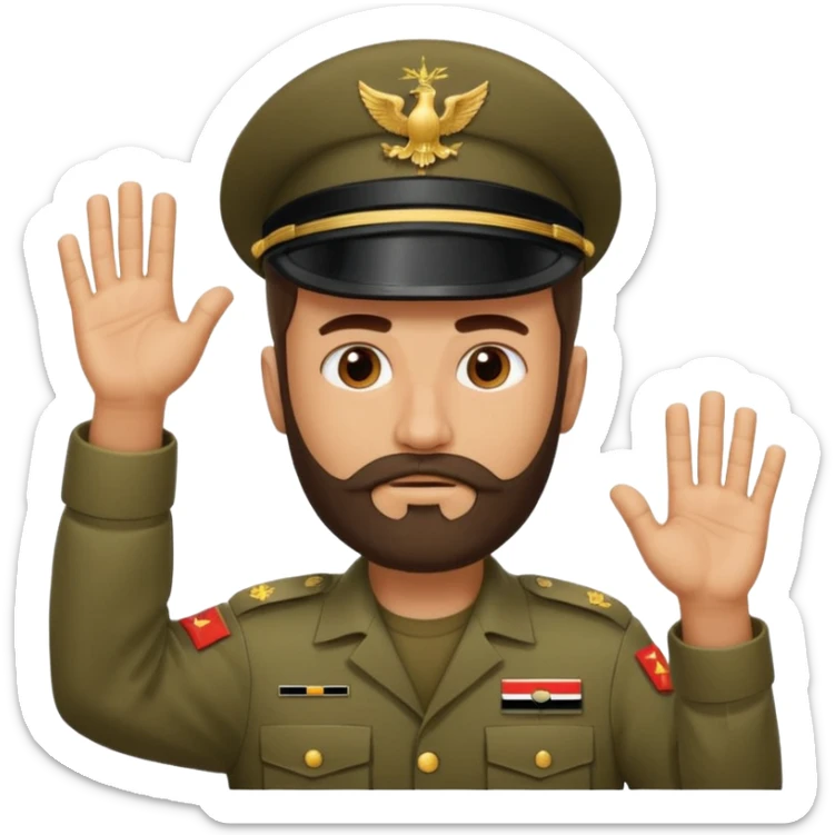 surrenders, depicts an Iraqi soldier from 1980, with a beard, a sad face and raised hands sticker