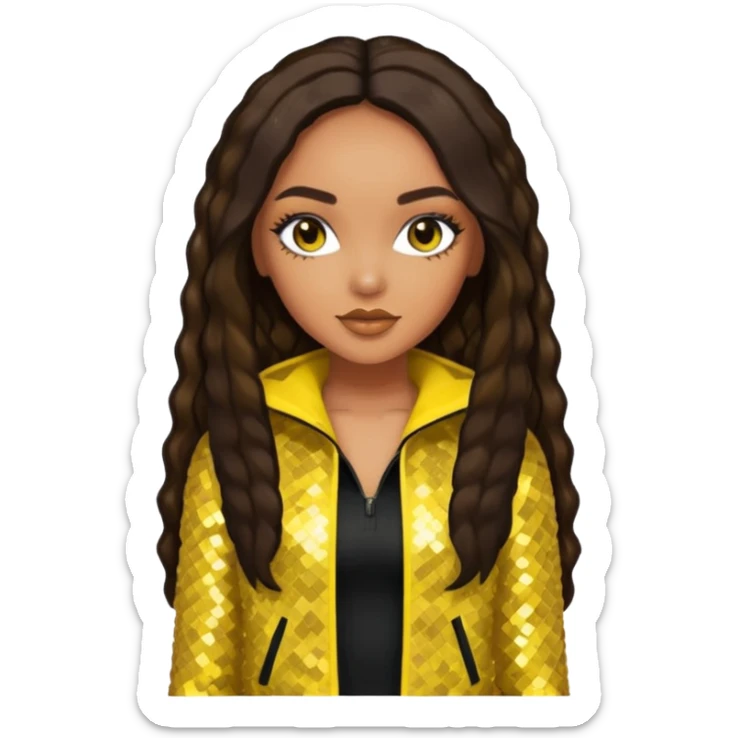Leigh-Anne Pinnock from Little Mix with long dark brown hair, yellow sequin outfit sticker