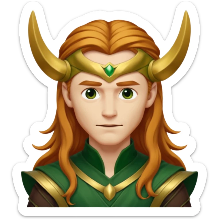 Loki, God of Mischief from Gods and Goddesses with long reddish blonde hair, gold and dark green outfit sticker