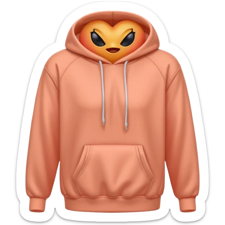 A 3D cartoon peach-coral hoodie with soft folds, drawstrings, and a casual fit, isolated plain background. sticker