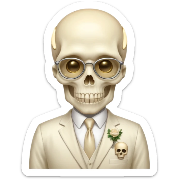 aesthetic shiny glowing divine lighting - a politician in an ivory ethereal suit wears a white tie, has a skull instead of a head, and instead of glasses, has a metal plate with screws over his eyes sticker