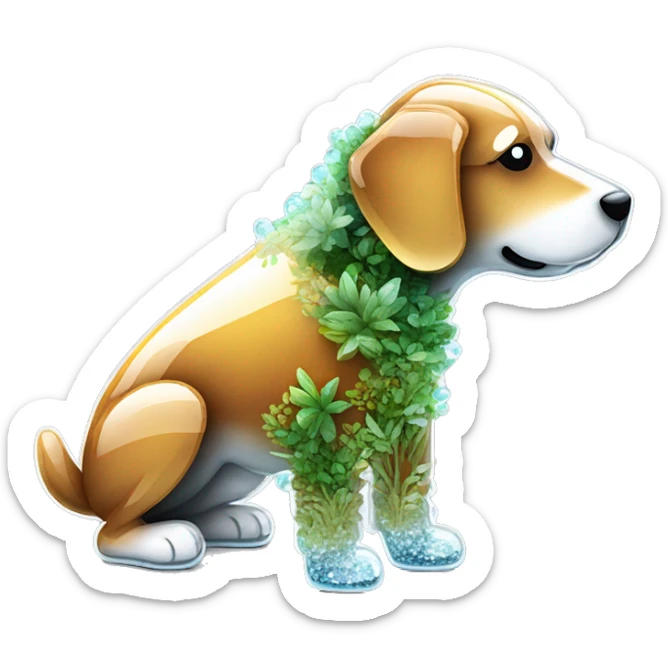 A dog made entirely of glass mirror crystals prisms glass transparent filled with plants as a terrarium sticker