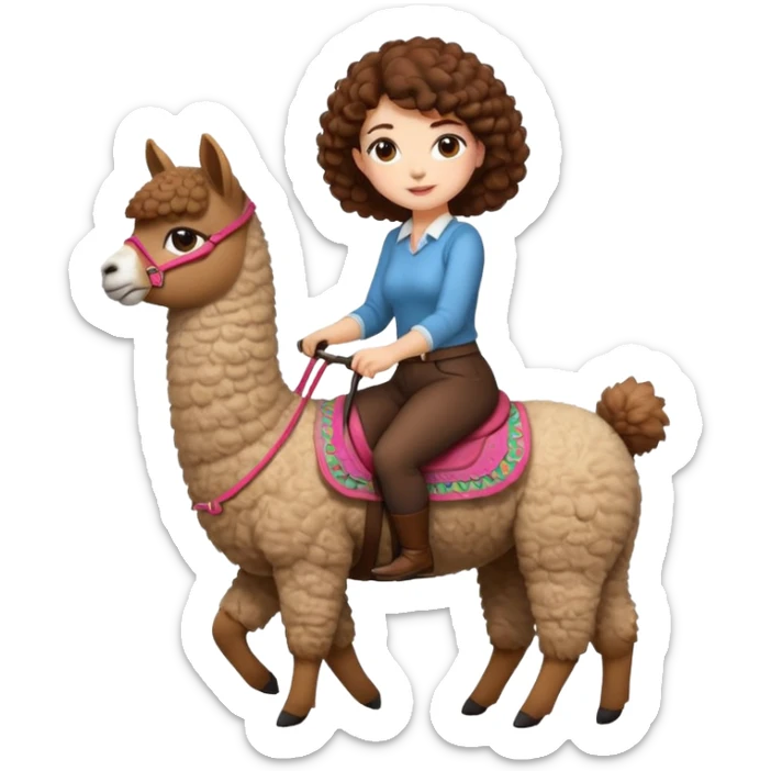 cute woman short tight curly brown hair riding an alpaca sticker