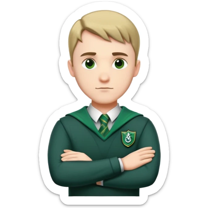 An adult man slightly to the side looking forward with crossed arms wearing the Slytherin uniform sticker