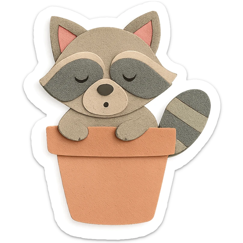 A sleepy raccoon inside a flower pot, rendered in pastel earthy colors and soft pastel tones, high-quality paper-craft style illustration, transparent background sticker