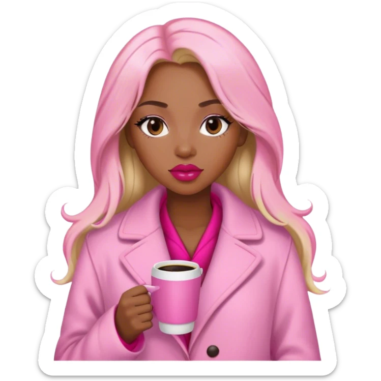 A black woman with a coat pink a pijama pink, long blond Hair, coffe eyes, red lips  sticker