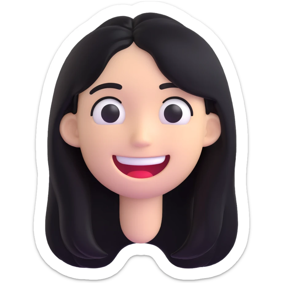 disturbing white emoji, exaggerated smile, long black hair, unsettling and eerie sticker