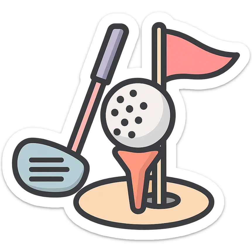 golf ball on a tee with flag in the background and golf club leaning on the tee, icon-color-outlined style, detailed shading, thin clean outlines, soft rounded features, pastel palette #98B5BC #B5B3C1 #C9A3C9 #E4C0CA #F7DCD1 #F7C0AA, Japanese pop art, sticker look, highly detailed, vector clarity, soft lighting, subtle shadows, transparent background sticker