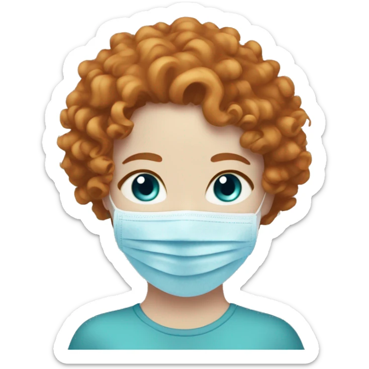 Girl with curly ginger hair, pale skin and blue eyes doing a face mask sticker