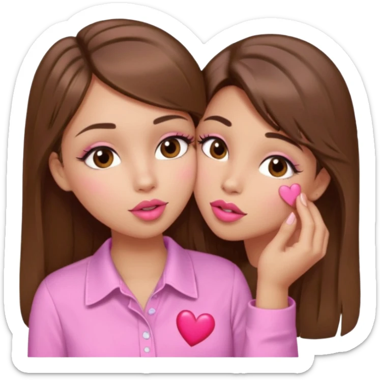 girl with long wavy brown hair, brown eyes, light to medium complexion, in a pink shirt, pink lips, long lashes, puckering up for a kiss, kiss lips and hearts in hand sticker