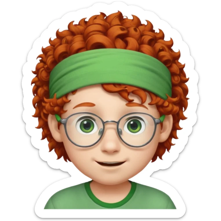redhead kid with unique face features and very curly hair kid boy happy and big glassess and big nose and very green eyes and headband sticker