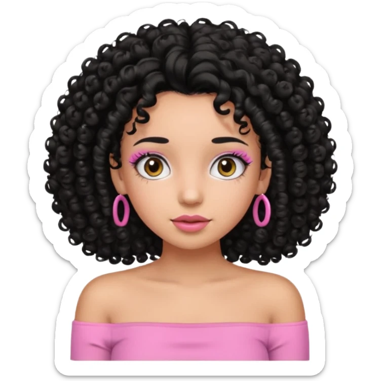 a girl with curly black hair looking forward while wearing a pink tube top but the stomach not showing and lashes too sticker
