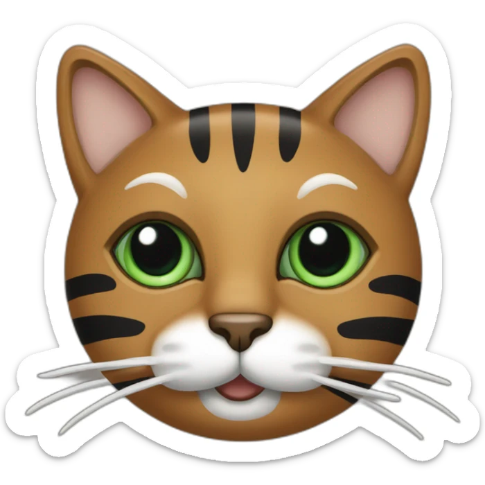 Brown cat with black stripes and white mustache and the contour of the white mouth and green eyeswith a brush sticker